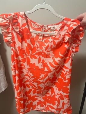 BiBi Orange and Cream Floral Ruffle Top